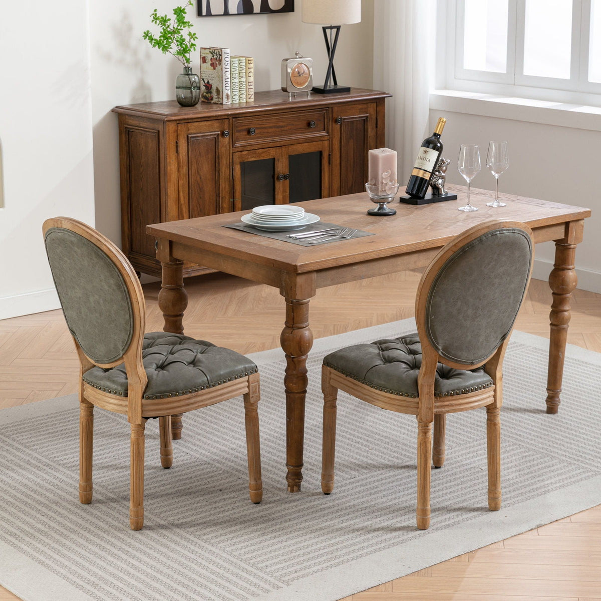 French Style Solid Wood Dining Chair Sets with nailhead trim and gray upholstered seats 4 chairs on Tampa Home & Garden Store