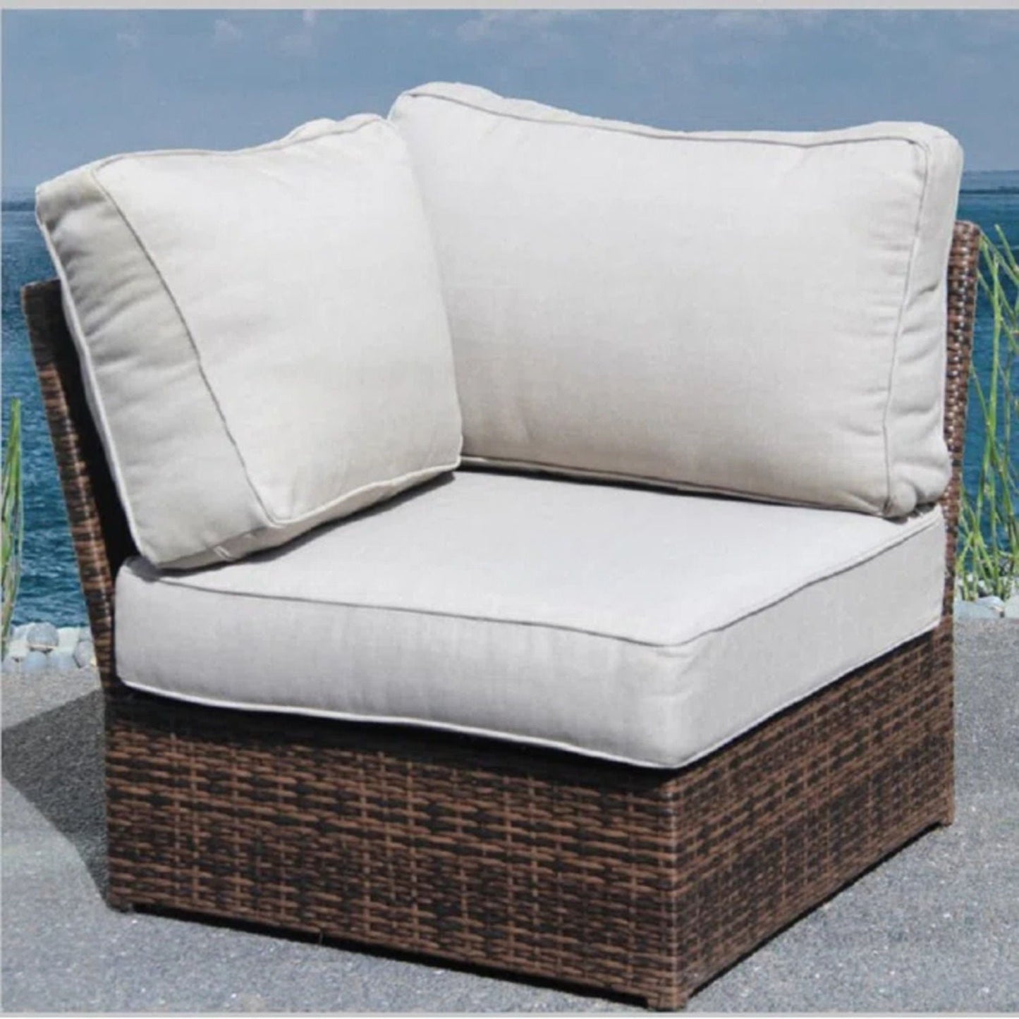 Shick Corner Wedge Patio Chair with Cushions beige cushions wicker frame by HouseOfZazla on Tampa Home & Garden Store