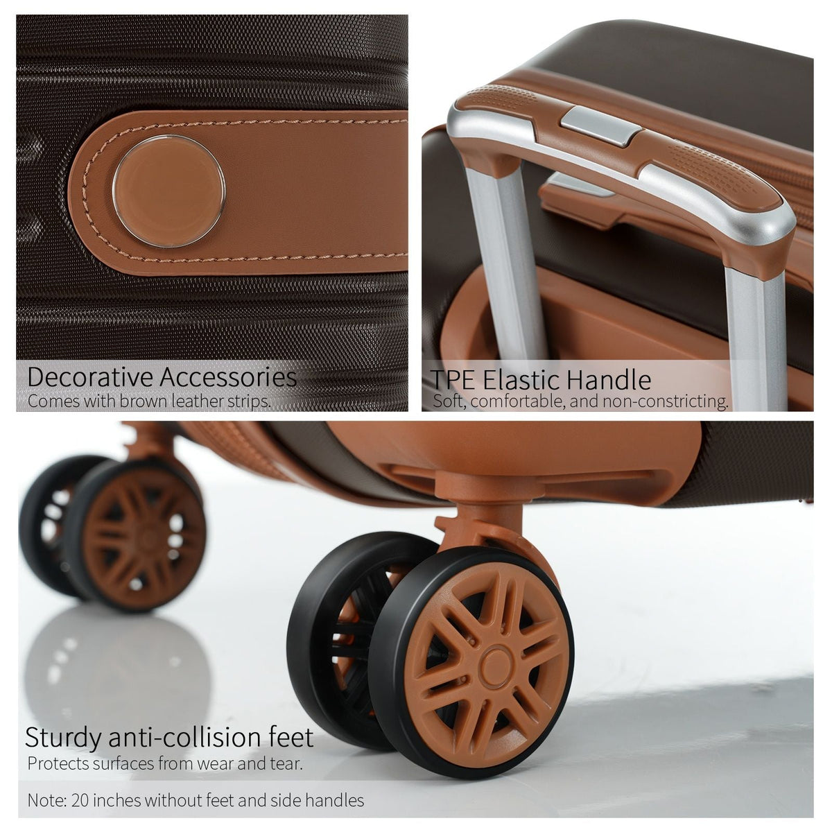 Luggage set close-up: coffee brown leather decorative strap, TPE elastic handle, and spinner wheels on Tampa Home & Garden Store