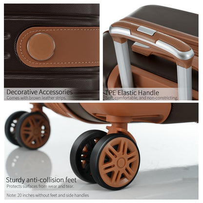 Luggage set close-up: coffee brown leather decorative strap, TPE elastic handle, and spinner wheels on Tampa Home & Garden Store