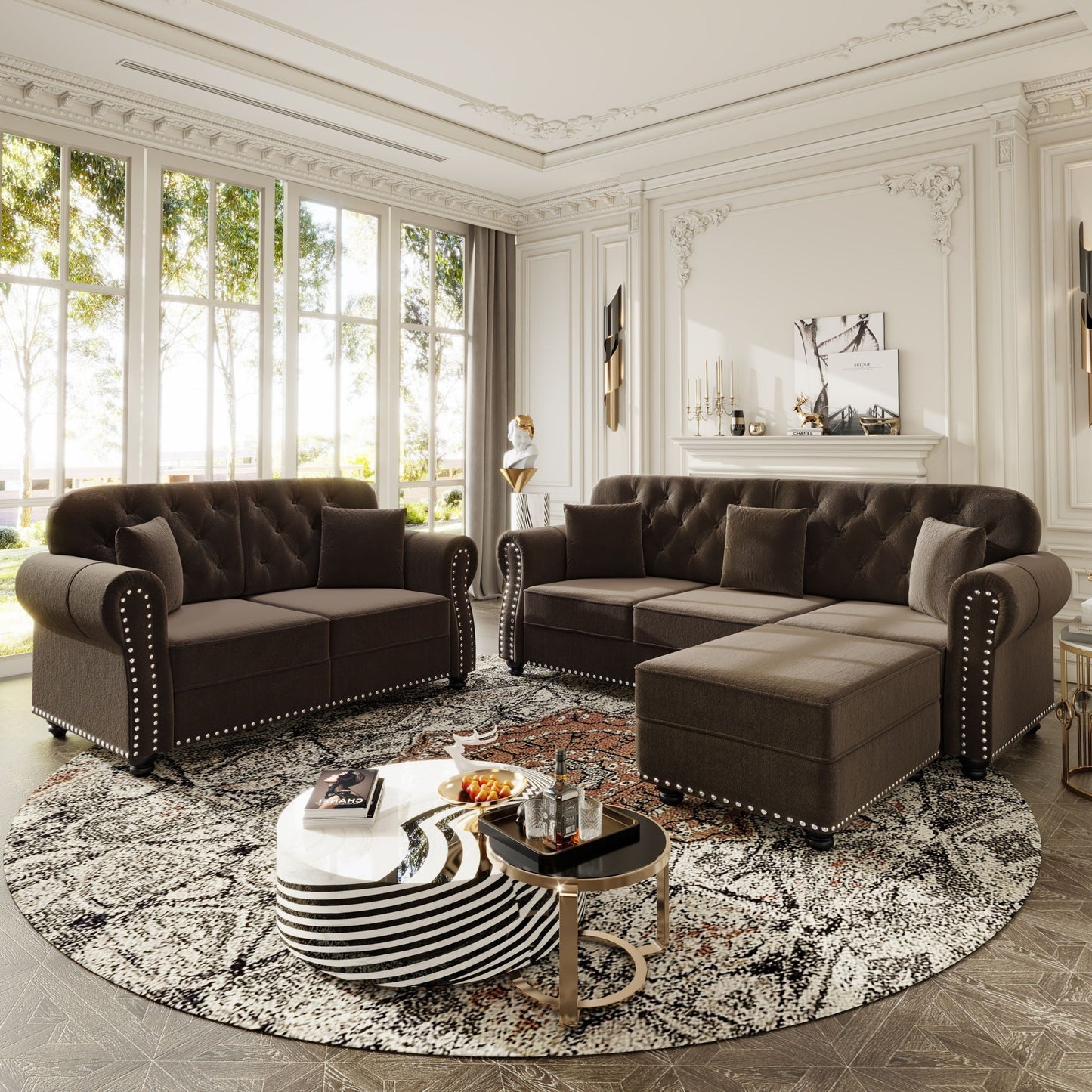 Upholstered Sofa Set with Nailhead and Pillows