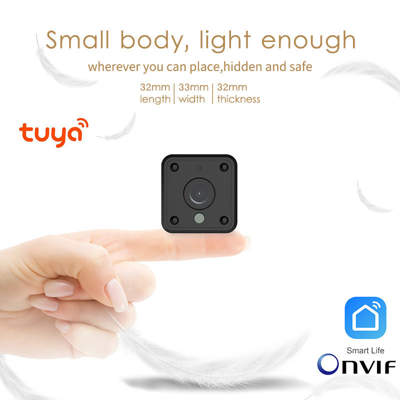 Smart camera compact black square action cam by Tuya with center lens, Onvif/Smart Life logos on Tampa Home & Garden Store