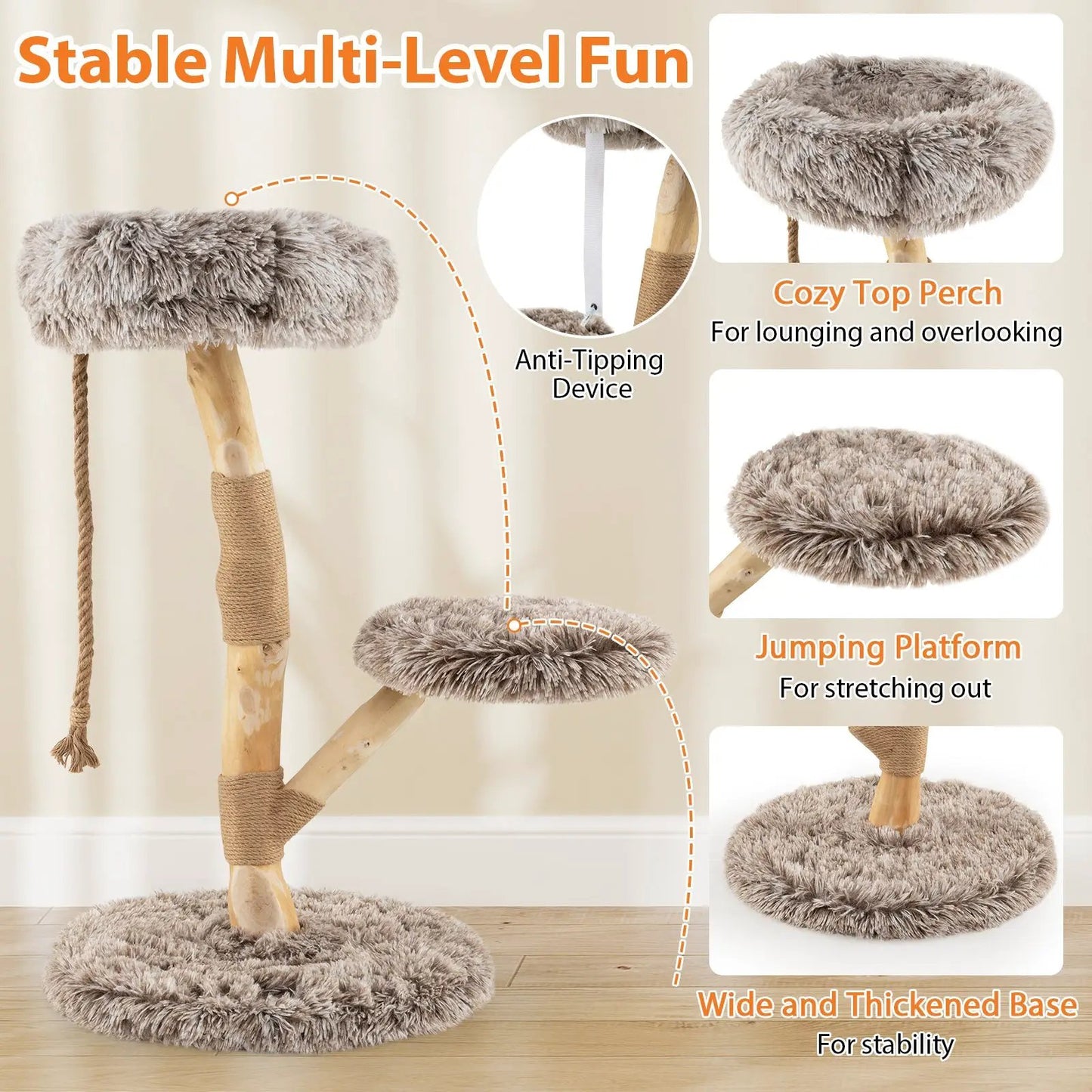 Modern Wooden Cat Tree With Perch and Jute Posts