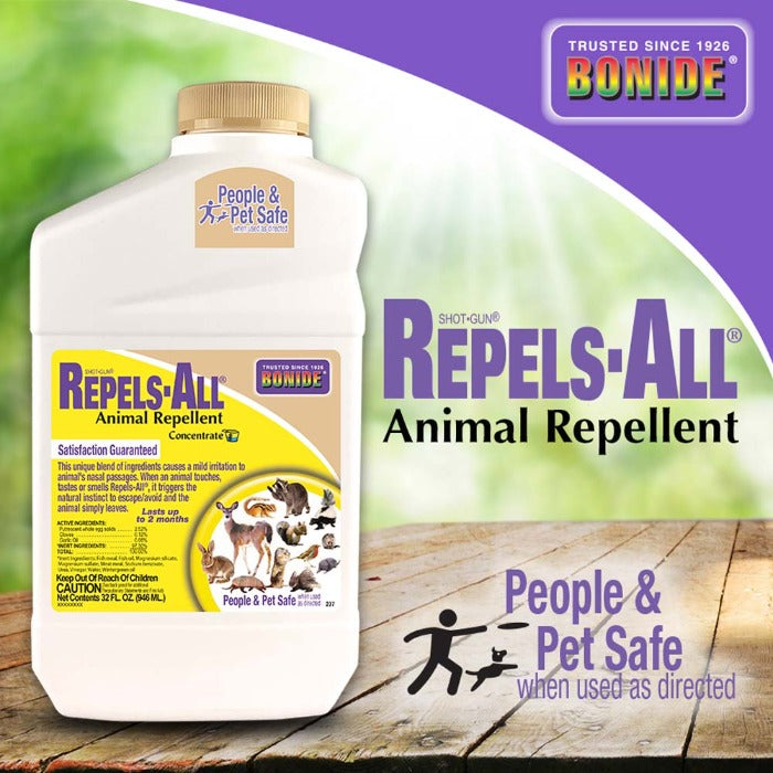 Bonide Repels-All animal repellent concentrate bottle with yellow label and BONIDE logo on white container on Tampa Home & Garden Store
