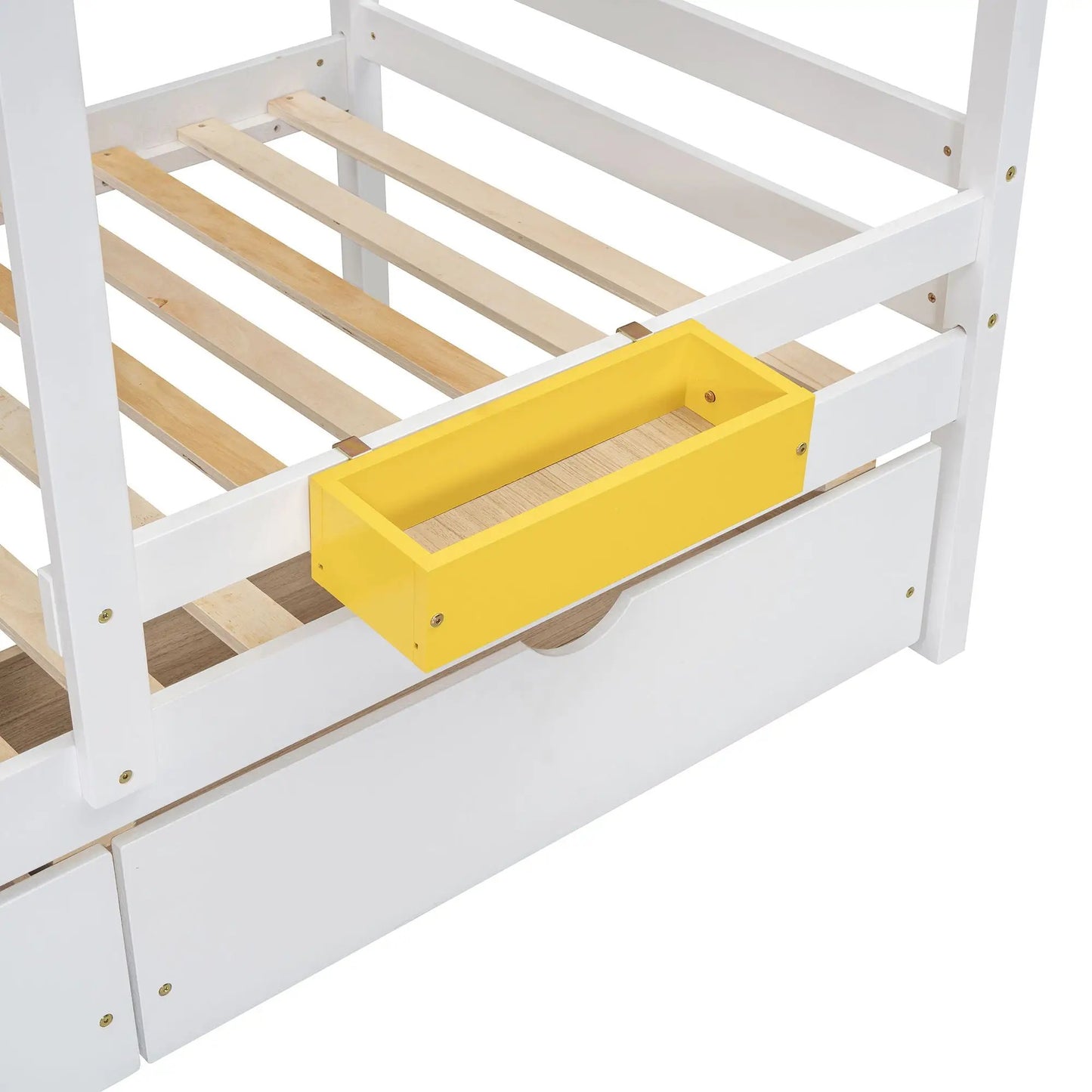 Bunk Bed With Playhouse Roof And Window, white frame, natural wood slats, yellow storage bin on Tampa Home & Garden Store