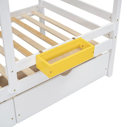 Bunk Bed With Playhouse Roof And Window, white frame, natural wood slats, yellow storage bin on Tampa Home & Garden Store