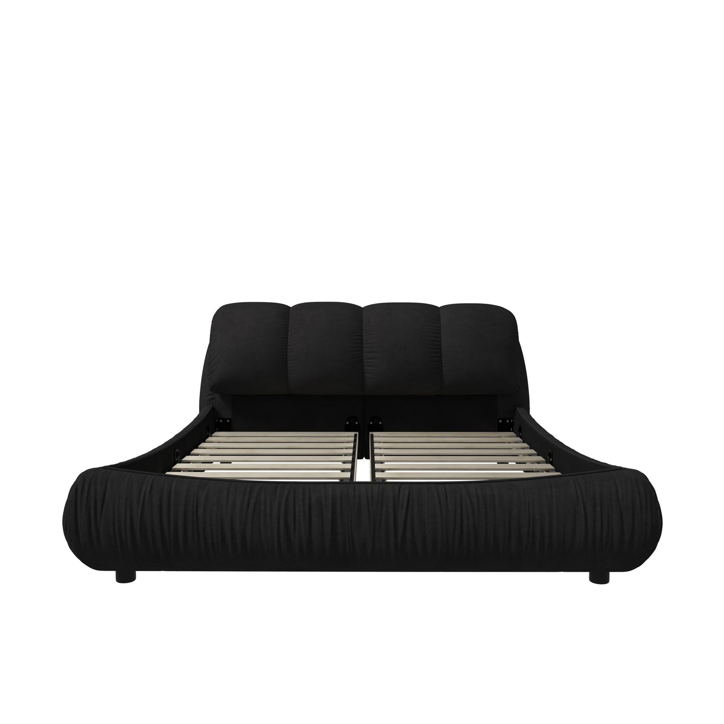 Upholstered platform bed in black fabric with padded backrest and wood frame HouseOfZazla on Tampa Home & Garden Store