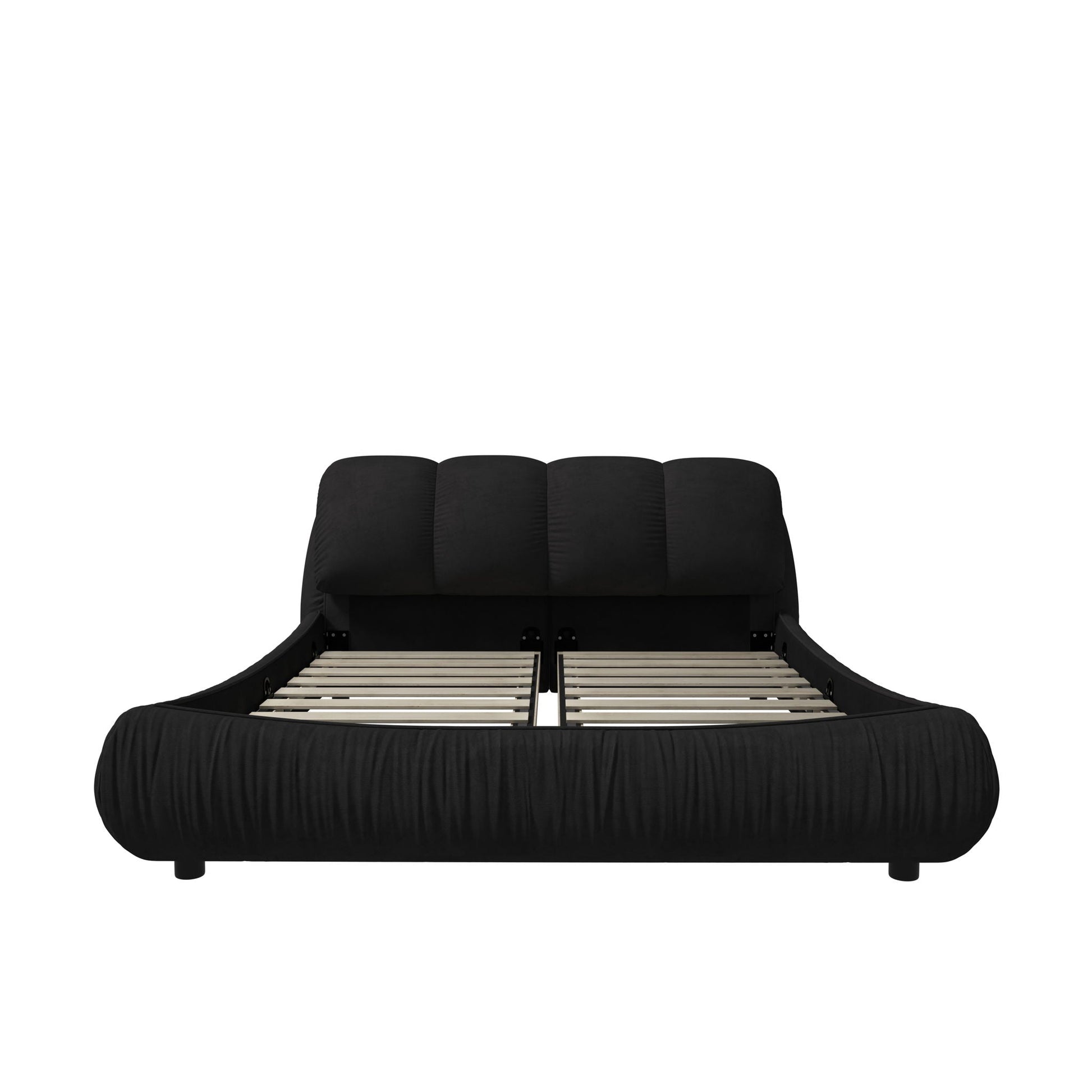Upholstered platform bed in black fabric with padded backrest and wood frame HouseOfZazla on Tampa Home & Garden Store