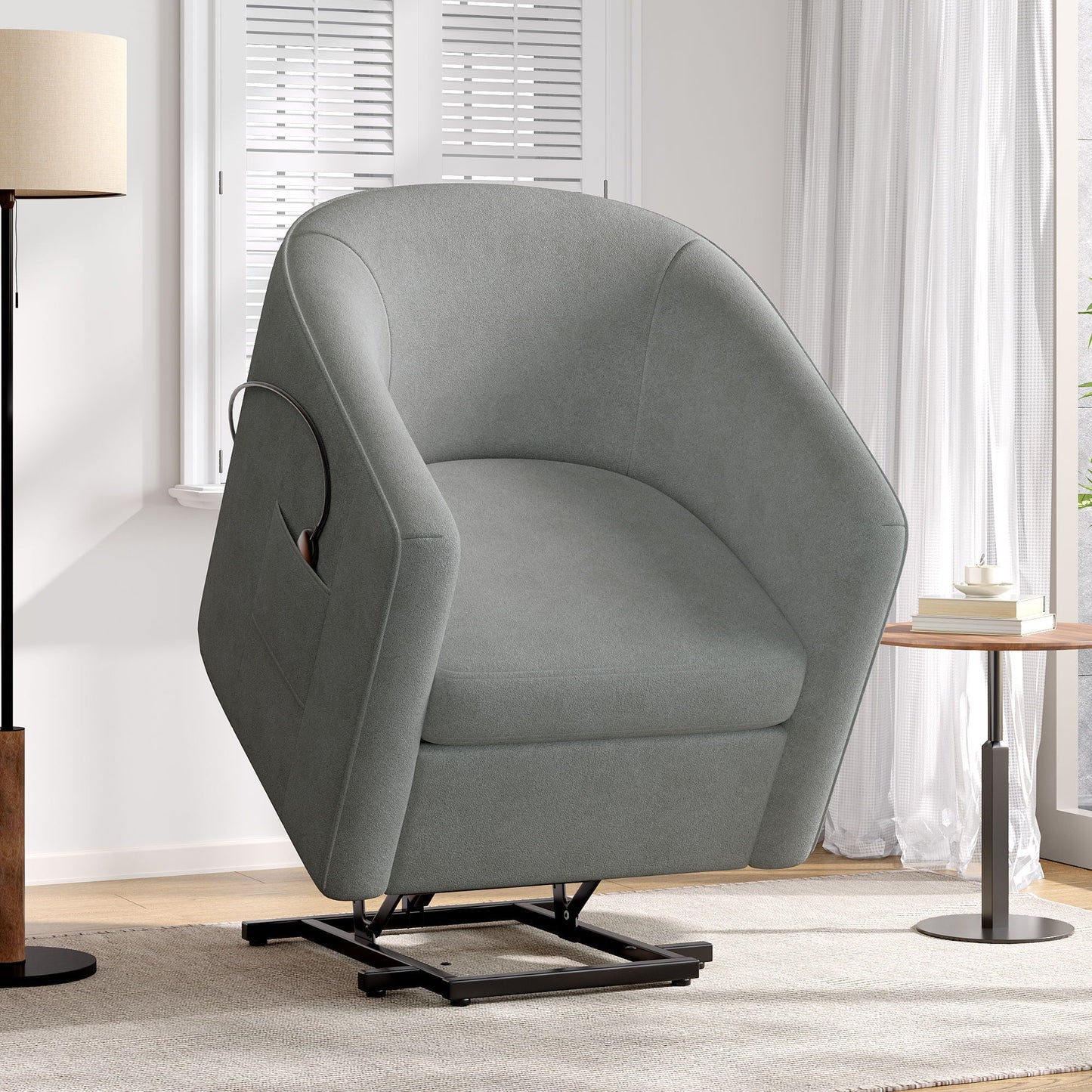 Power lift recliner gray fabric with footrest and side pocket HouseOfZazla barrel chair on Tampa Home & Garden Store