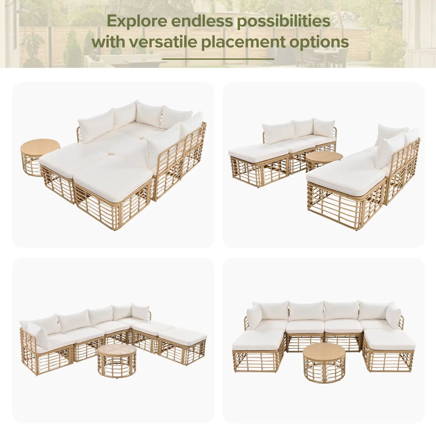 7-piece all-weather rattan outdoor sectional with thick white cushions by Unique Piece Furniture on Tampa Home & Garden Store