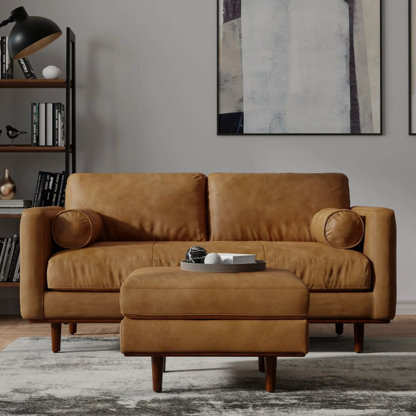 Morrison sofa and ottoman set in tan leather with wooden legs by Unique Piece Furniture on Tampa Home & Garden Store
