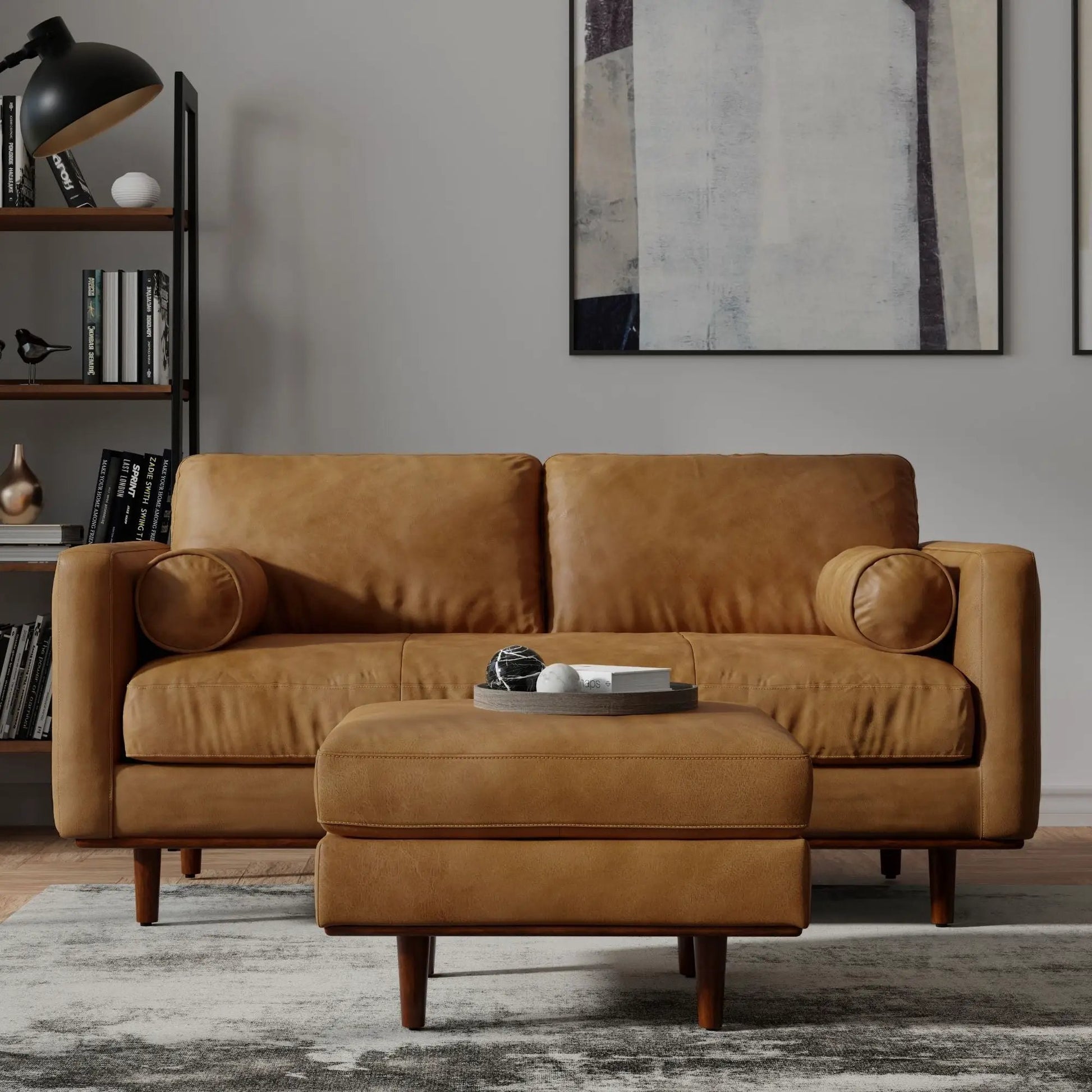 Morrison sofa and ottoman set in tan leather with wooden legs by Unique Piece Furniture on Tampa Home & Garden Store