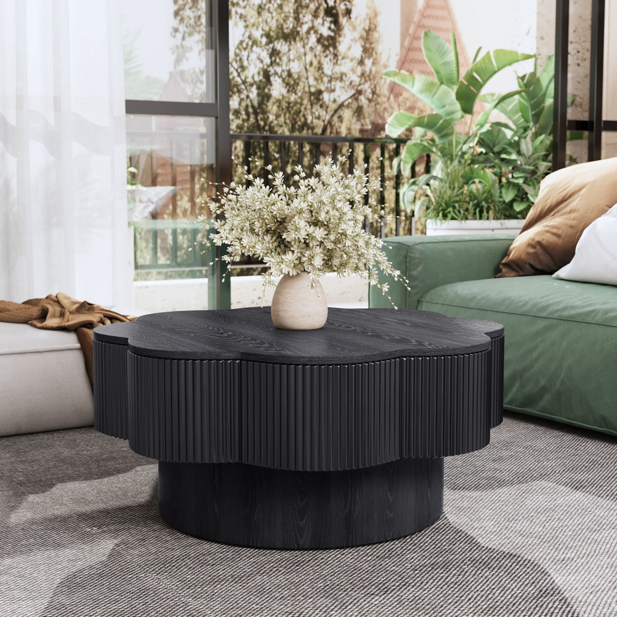 Modern plum blossom shaped coffee table in black woodgrain with hidden storage on Tampa Home & Garden Store