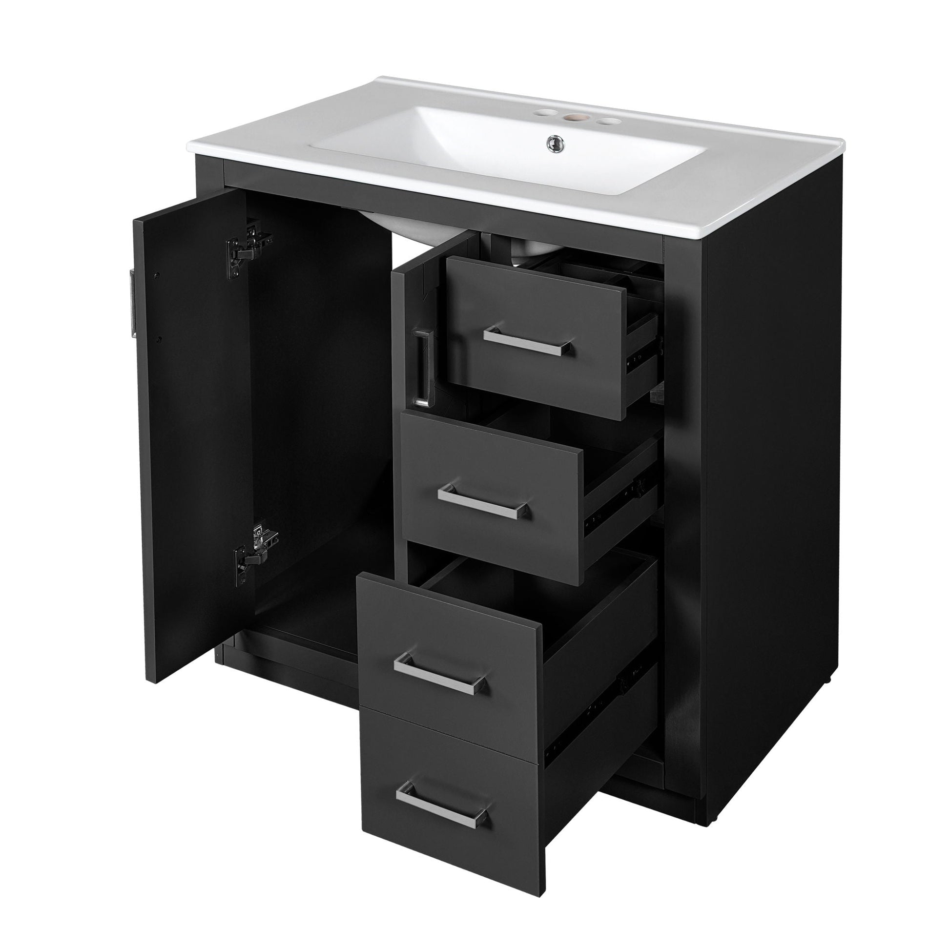 Bathroom vanity with sink and freestanding cabinet, 3 drawers, soft-close doors, black finish on Tampa Home & Garden Store