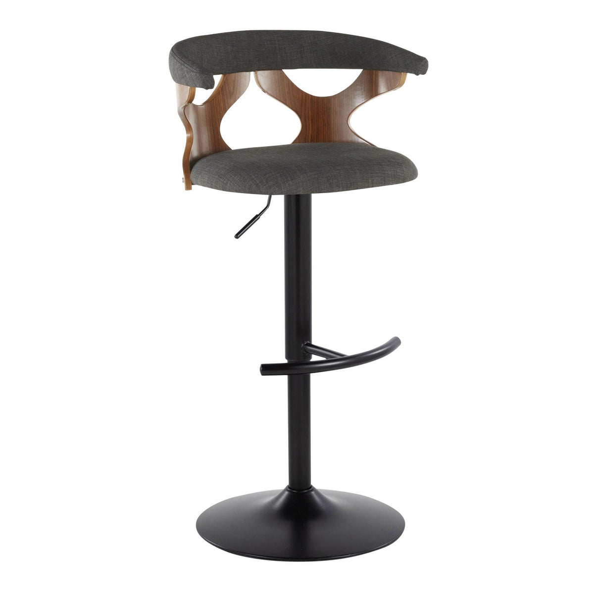 Contemporary adjustable swivel barstool with dark gray fabric seat, black pedestal base on Tampa Home & Garden Store