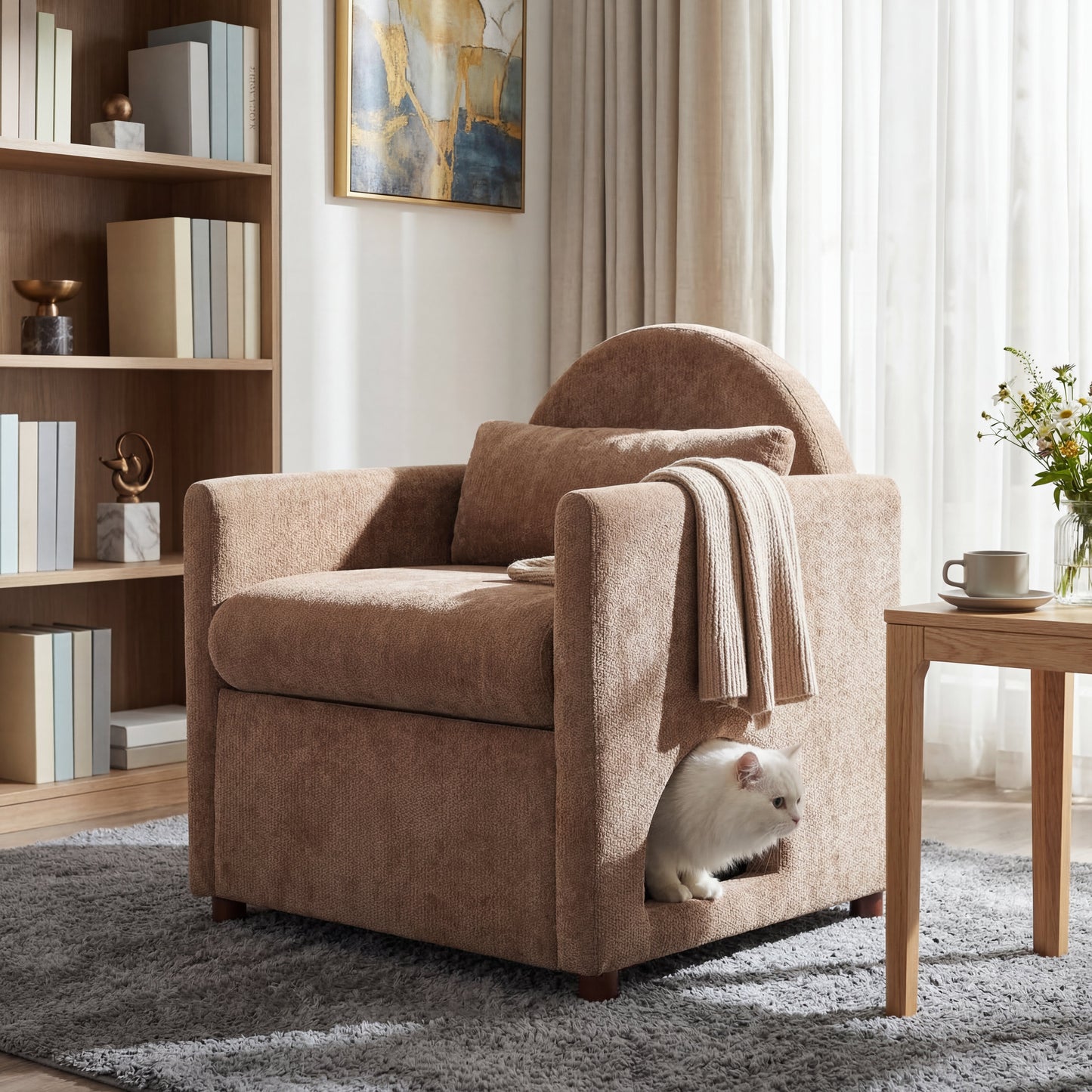 Coffee Pet Friendly Accent Chair by HouseOfZazla with Hidden Pet Nook in beige plush fabric on Tampa Home & Garden Store