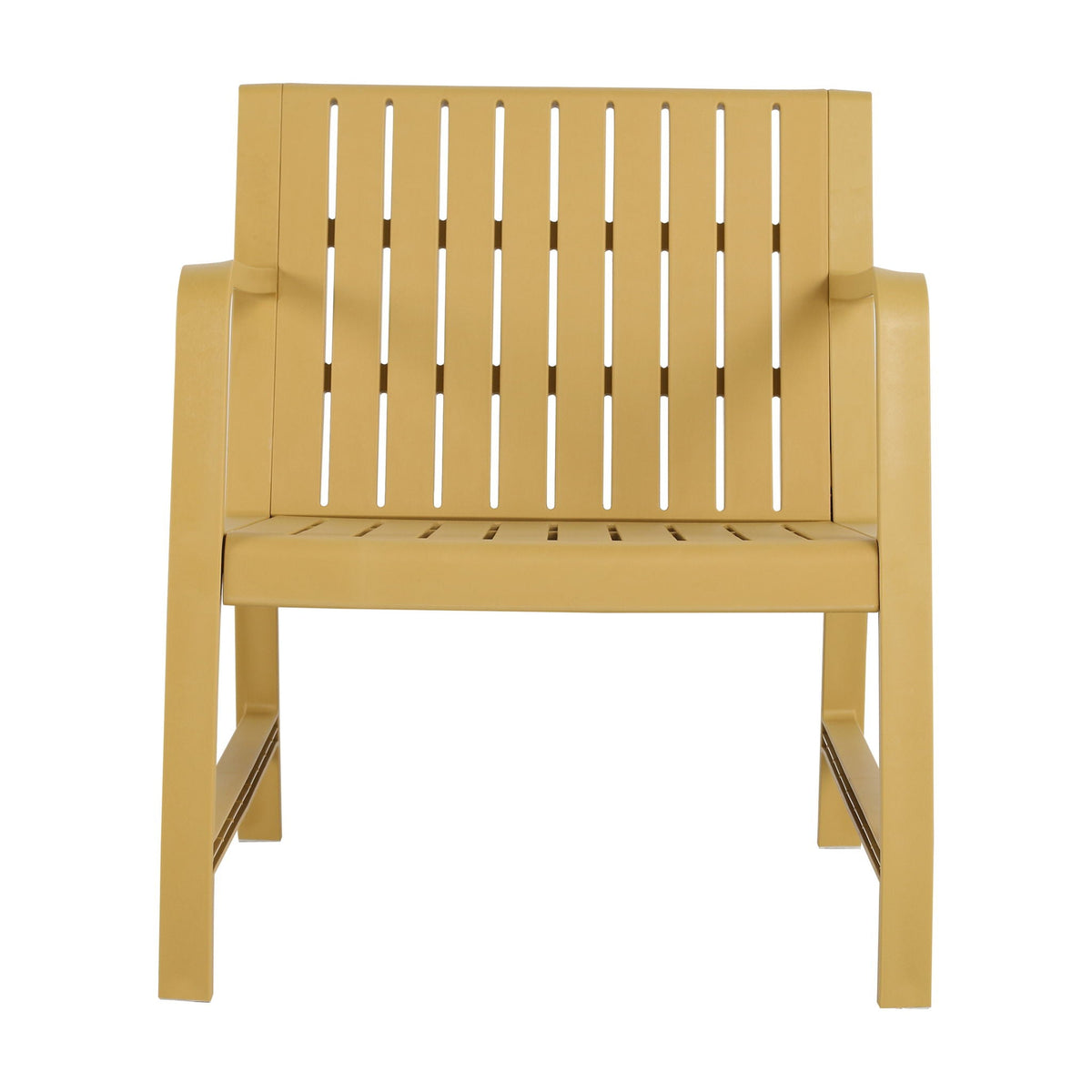 Orange outdoor chair with vertical slats on the back and wide arms on a patio on Tampa Home & Garden Store