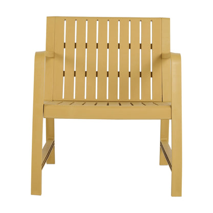Orange outdoor chair with vertical slats on the back and wide arms on a patio on Tampa Home & Garden Store
