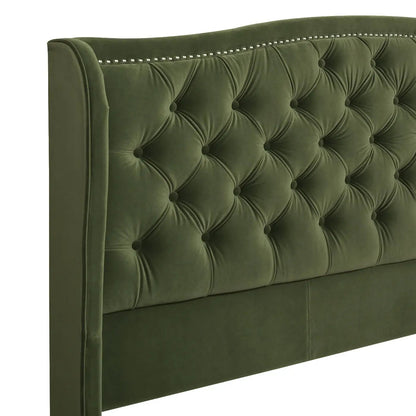 Marcella upholstered shelter headboard bed, olive green velvet with tufted buttons and nailhead trim on Tampa Home & Garden Store