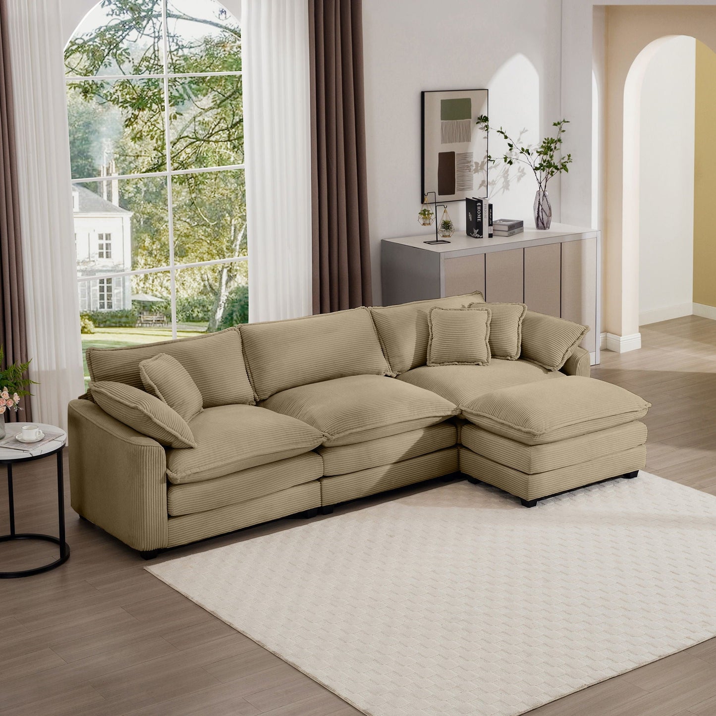 HouseOfZazla modular sofa with ottoman in beige fabric, deep seating, low back, 2-piece set on Tampa Home & Garden Store