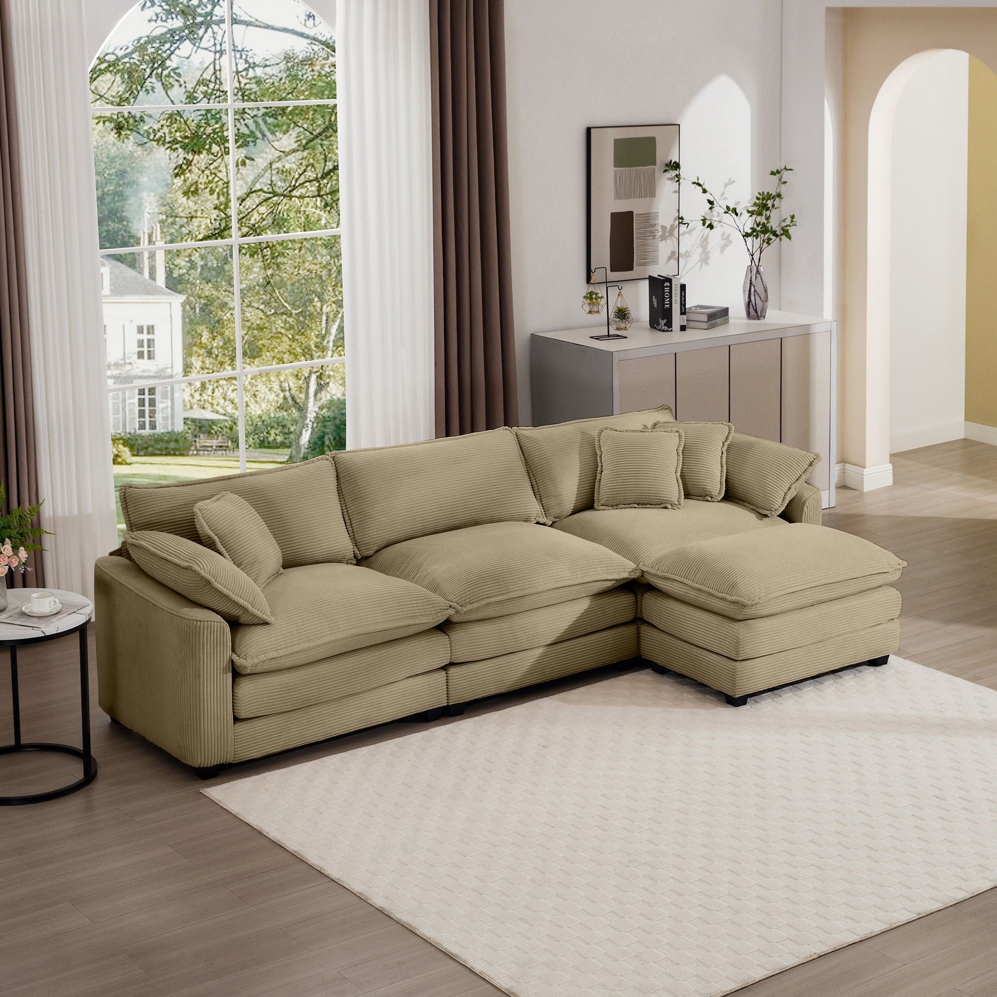HouseOfZazla modular sofa with ottoman in beige fabric, deep seating, low back, 2-piece set on Tampa Home & Garden Store