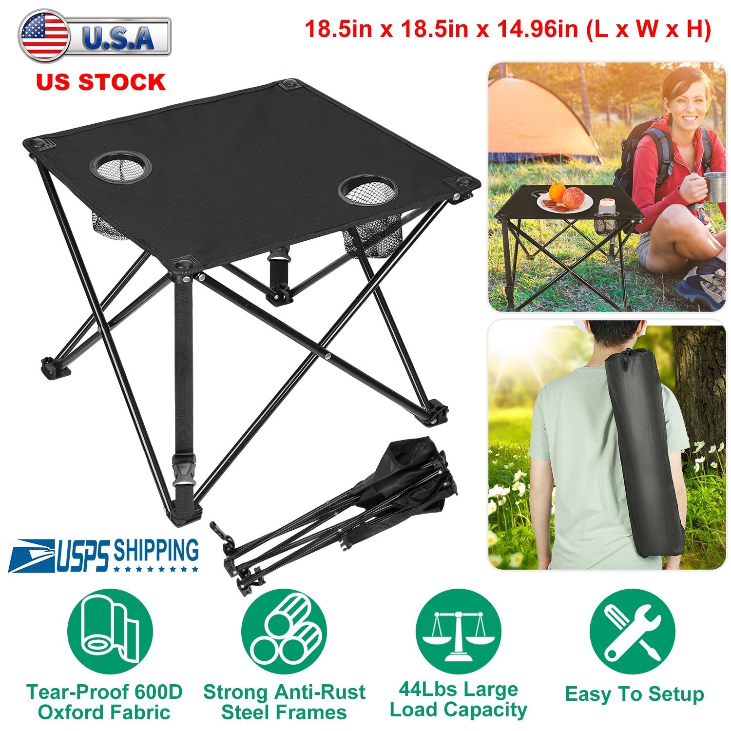 GemGear 2Pcs Foldable Camping Table with 2 Cup Holders, portable black fabric top on Tampa Home & Garden Store