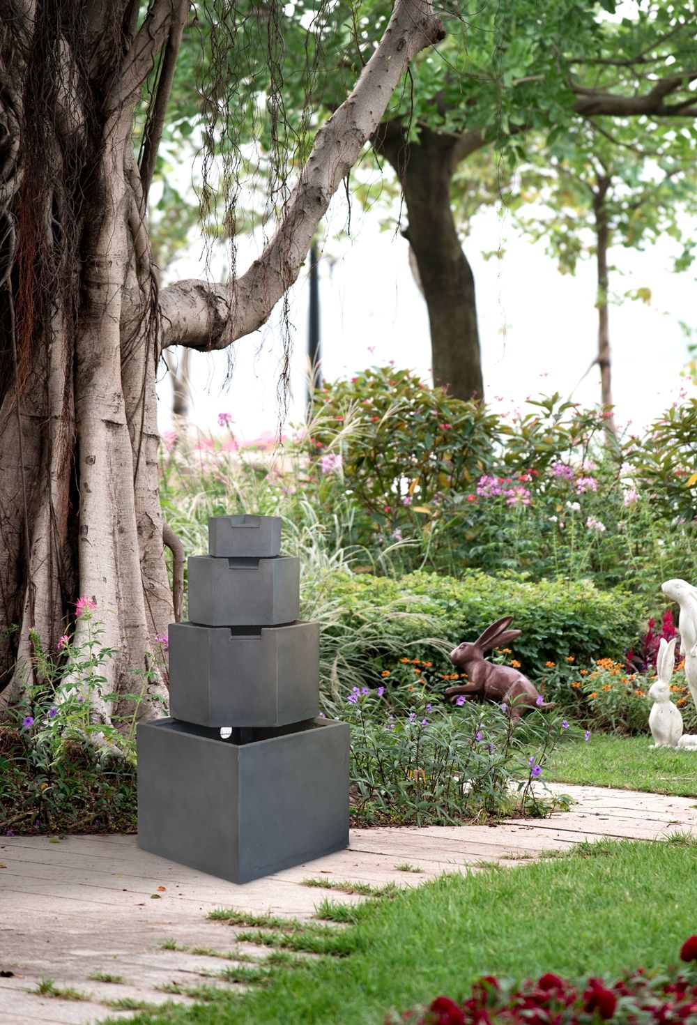 Cement 4-Tier Block Water Fountain gray by HouseOfZazla for outdoor use on Tampa Home & Garden Store