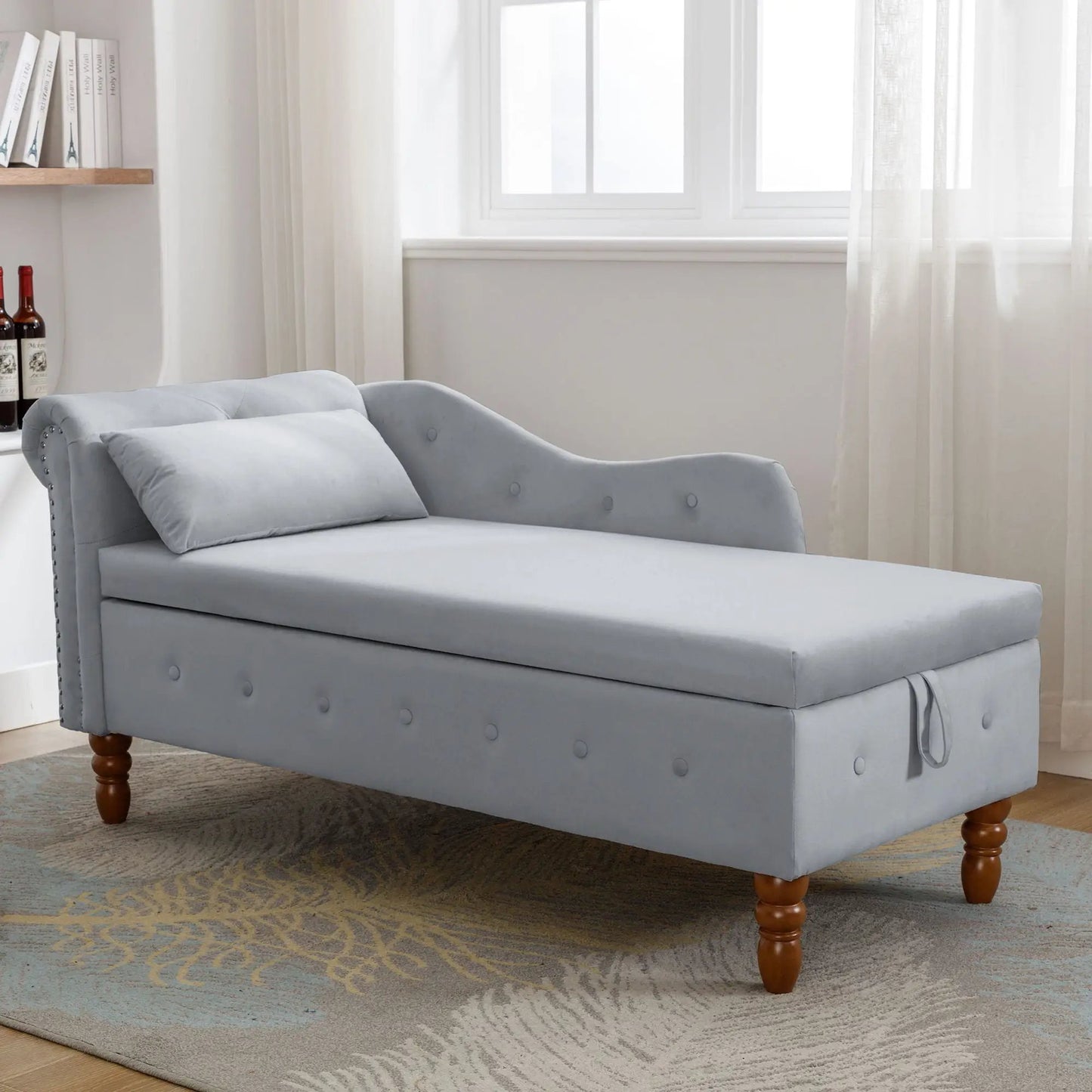 Chaise lounge in gray upholstery with rolled arm, nailhead trim and two cushions on wood legs on Tampa Home & Garden Store