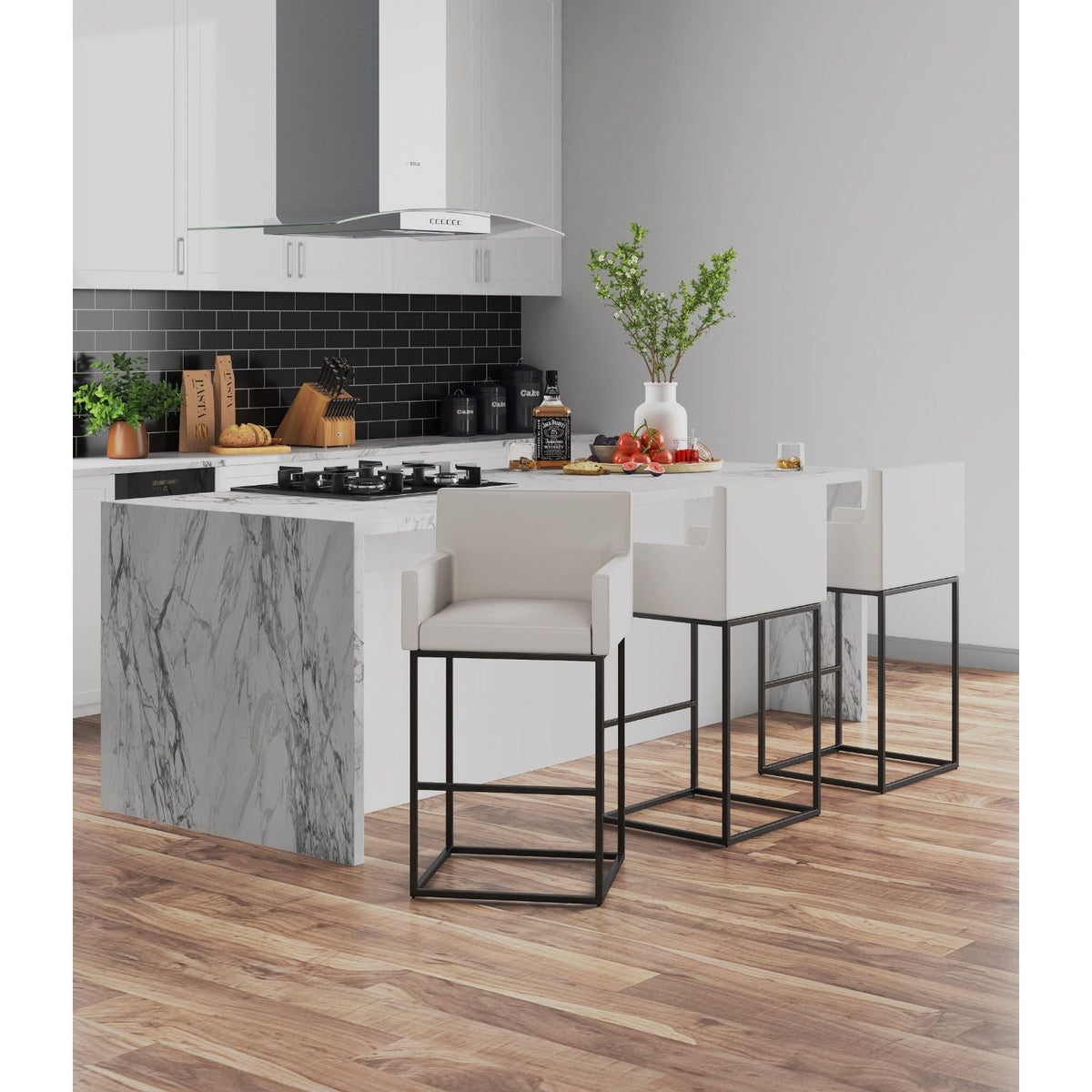 Ambassador Counter Stool by HouseOfZazla with cream upholstery and square black metal frame, counter height set of 3 on Tampa Home & Garden Store