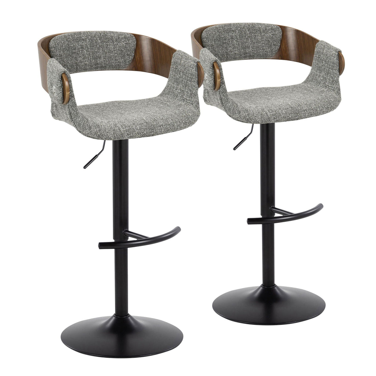 Two mid-century modern adjustable barstools with swivel, gray textured fabric and wood backs on Tampa Home & Garden Store