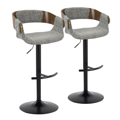Two mid-century modern adjustable barstools with swivel, gray textured fabric and wood backs on Tampa Home & Garden Store
