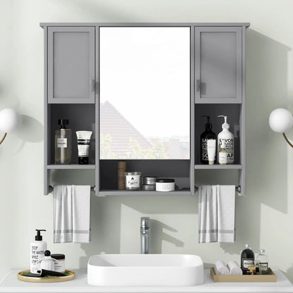 Wall-mounted medicine cabinet with mirror, gray doors and towel bar, with shelf storage on Tampa Home & Garden Store