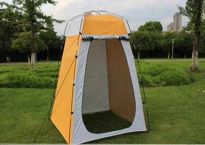 Shower Toilet Camping Tent orange gray open-front privacy shelter on grassy park lawn on Tampa Home & Garden Store