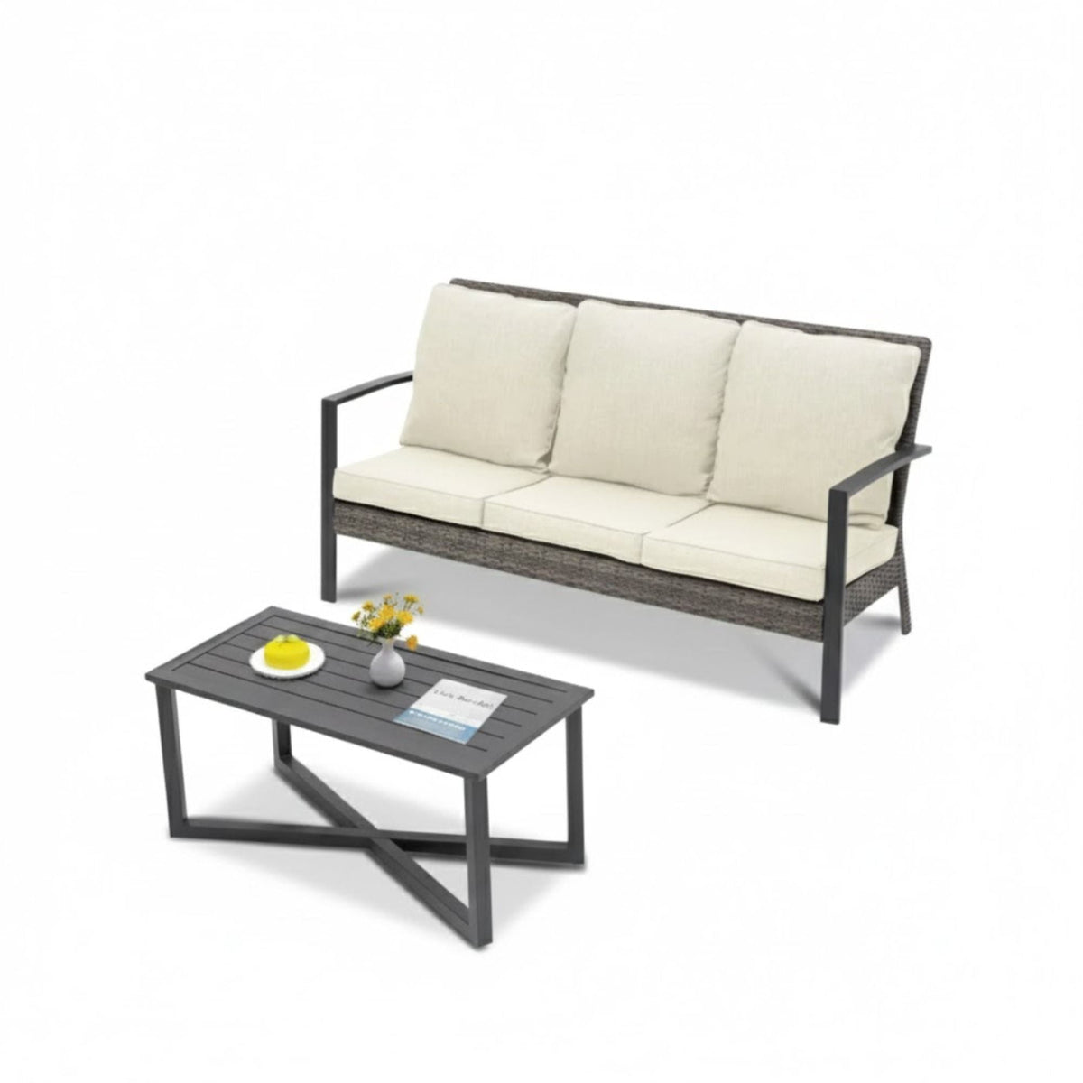 2 piece outdoor patio set with beige cushions and gray metal frame, includes coffee table on Tampa Home & Garden Store