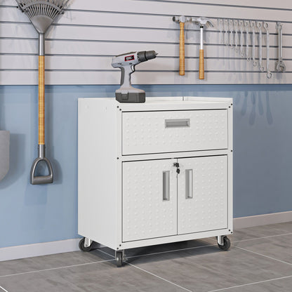 Mobile garage cabinet with locking system, white and gray diamond-plate finish on casters on Tampa Home & Garden Store