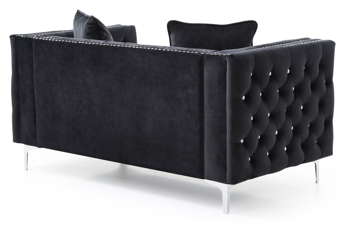 HouseOfZazla black micro suede track-arm loveseat with tufting and crystal buttons, chrome legs on Tampa Home & Garden Store