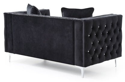 HouseOfZazla black micro suede track-arm loveseat with tufting and crystal buttons, chrome legs on Tampa Home & Garden Store