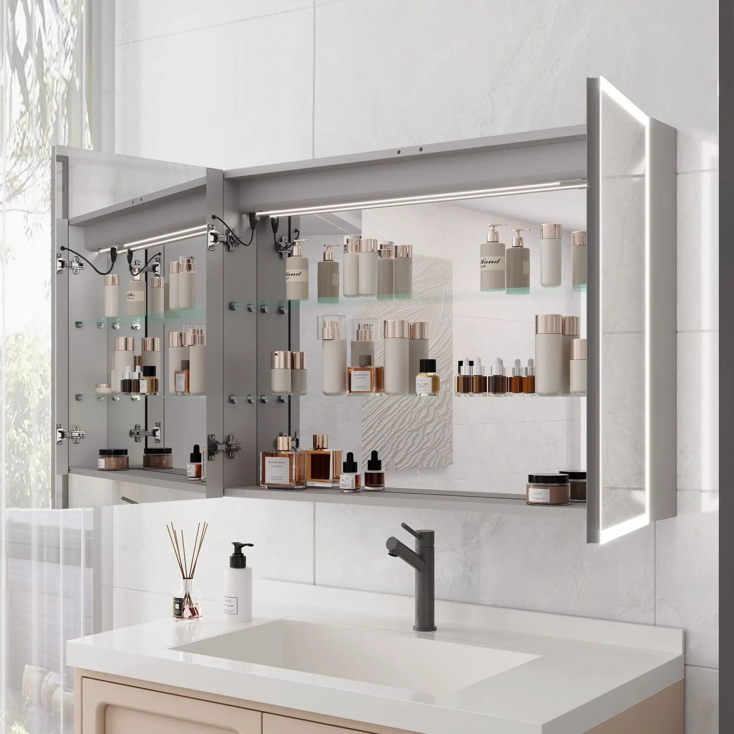 LED medicine cabinet with mirror and defogger, gray metal frame, interior glass shelves on Tampa Home & Garden Store