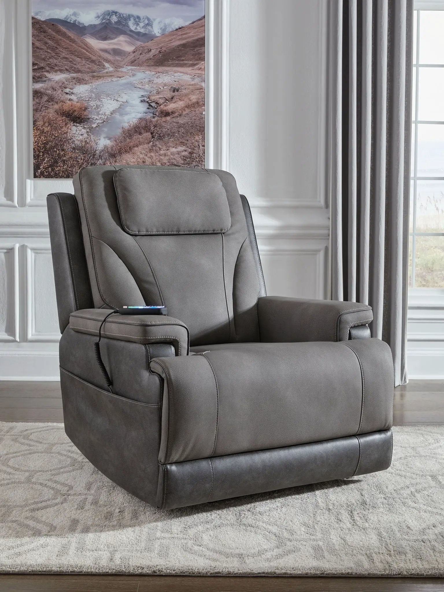 4Z-Peaceful Pause Serenity Zone Power Lift Recliner gray faux leather with remote on armrest on Tampa Home & Garden Store