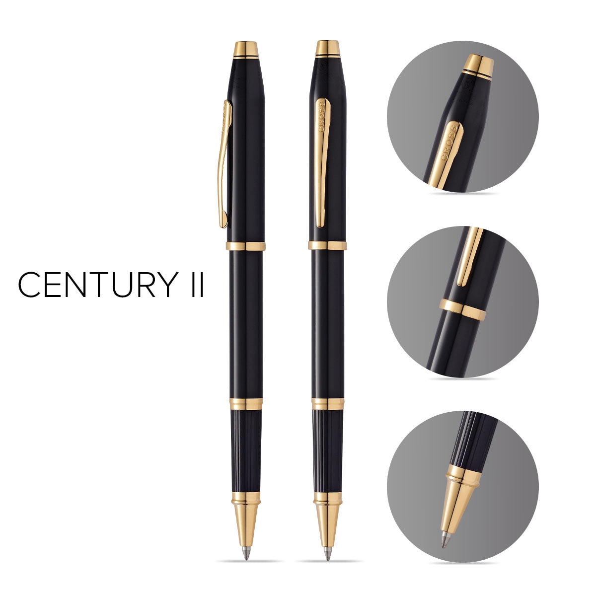 Century II Classic Black Rollerball Pens by A.T. Cross; dual black pens with gold trim (2 pens) on Tampa Home & Garden Store