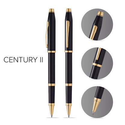 Century II Classic Black Rollerball Pens by A.T. Cross; dual black pens with gold trim (2 pens) on Tampa Home & Garden Store