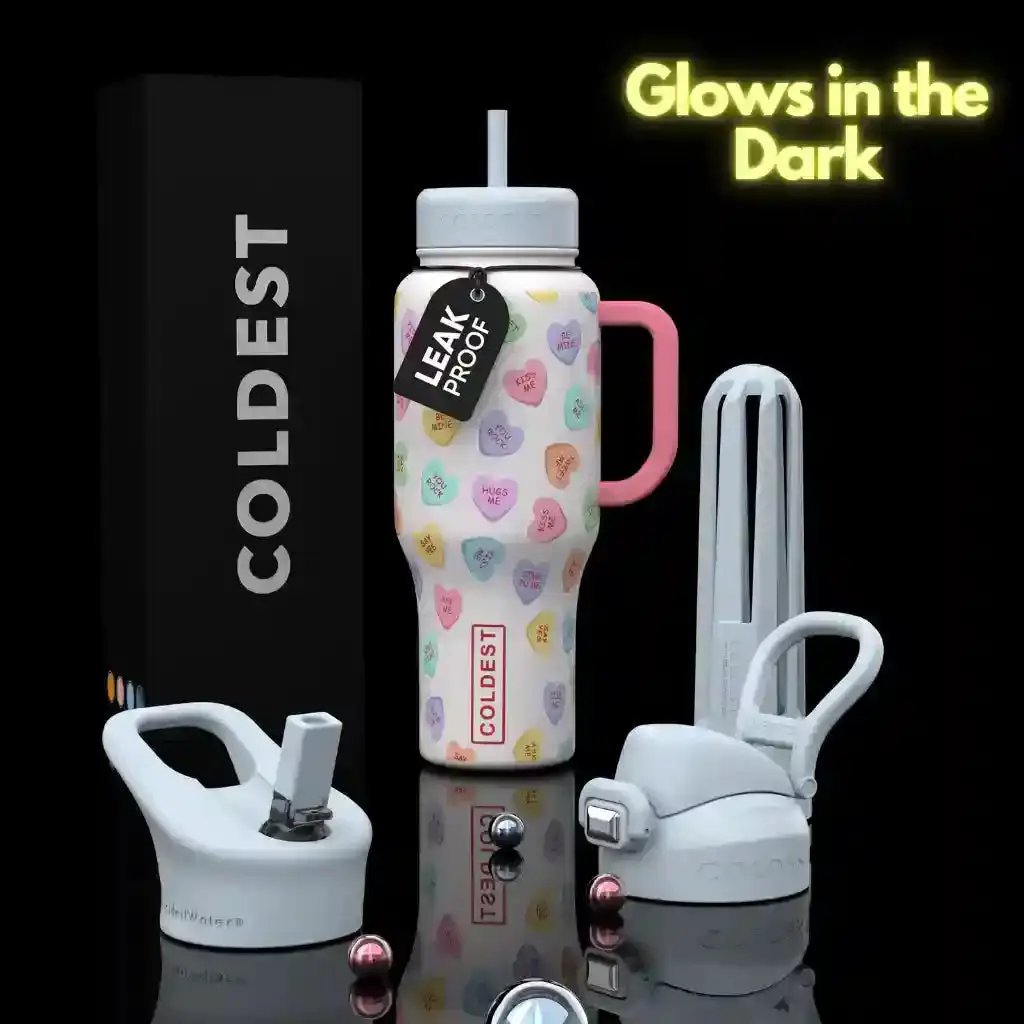 Coldest 36oz Limitless Ultra v8 water bottle with pastel heart pattern and pink handle on Tampa Home & Garden Store