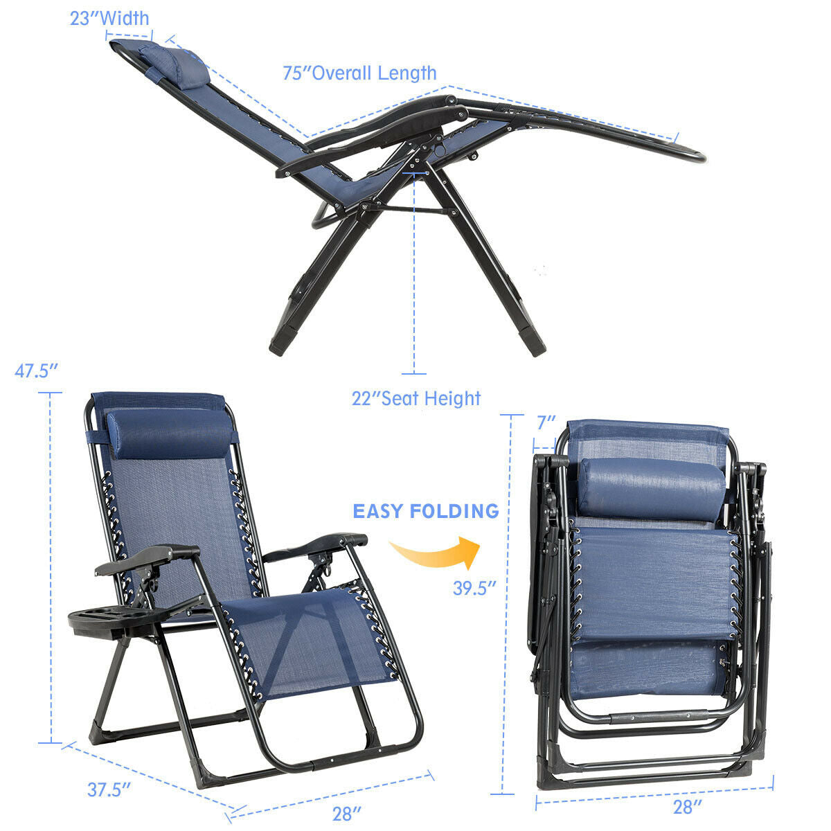 Sillón reclinable grande con portavasos de alta resistencia para exteriores - Azul