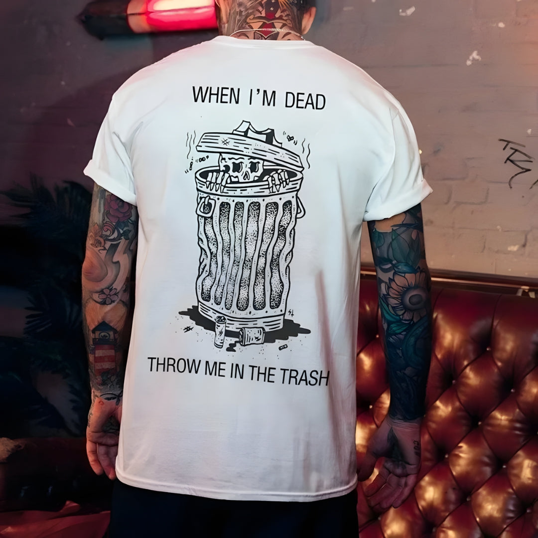 Graphic cotton T-shirt by BikerZoneZ, white tee with black skeleton trash can art and bold text on Tampa Home & Garden Store