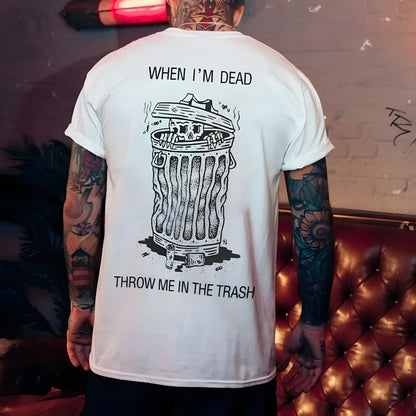 Graphic cotton T-shirt by BikerZoneZ, white tee with black skeleton trash can art and bold text on Tampa Home & Garden Store