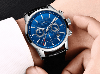 Stevvex men's blue dial chronograph waterproof watch, black leather strap on Tampa Home & Garden Store