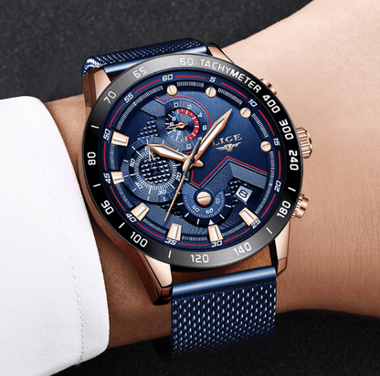 Stevvex men's sports waterproof watch with blue dial and stainless steel mesh bracelet on Tampa Home & Garden Store