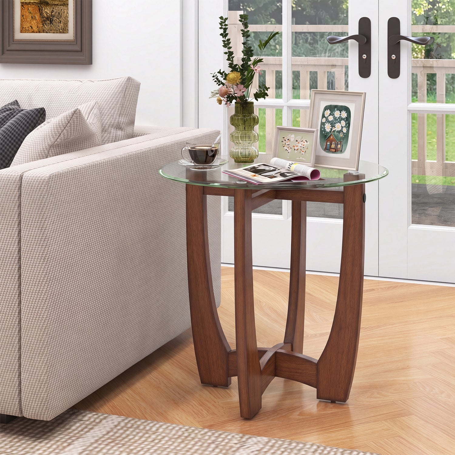 Round Glass End Table with X-Shaped Wooden Base DirectDeals on Tampa Home & Garden Store
