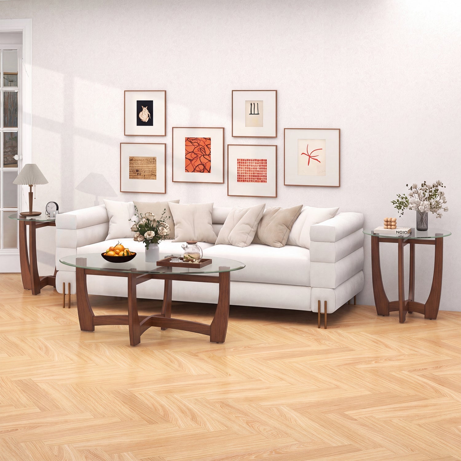 Round Glass End Tables with X-shaped wooden bases by DirectDeals (set of 2) in living room on Tampa Home & Garden Store