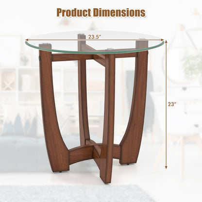 End Table Round Glass top with X-shaped wooden base, brown wood DirectDeals 23.5 inch diameter on Tampa Home & Garden Store